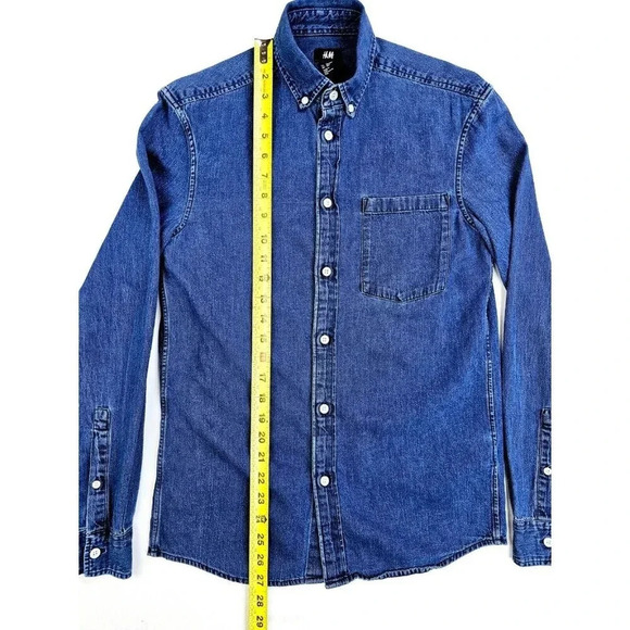 H&M Size XS Men's Blue Denim Button Down Long Sleeve Cotton Pocket Shirt - Picture 8 of 9
